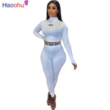 

HAOOHU White Black Fitness 2 Piece Set Women Suit Sportwear Summer Outfits Long Sleeve Crop Top Leggings Ladies Tracksuit Female