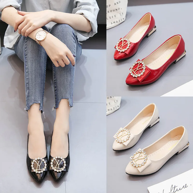 

2019 Fashion Women Flats Pointed Toe Metal Buckle Slip On Loafers Shallow Ballet Flats Shoes Woman