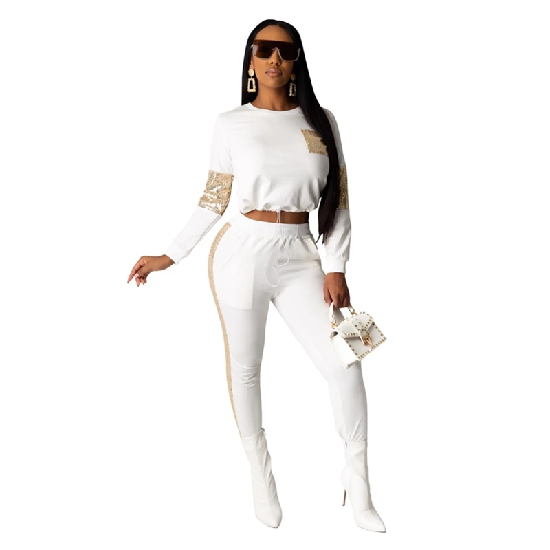 

2 Piece Set Women Long Sleeve Sequin Top And Pants Casual Warm Tracksuits Club Outfits Matching Sets Female Clothes Plus Size
