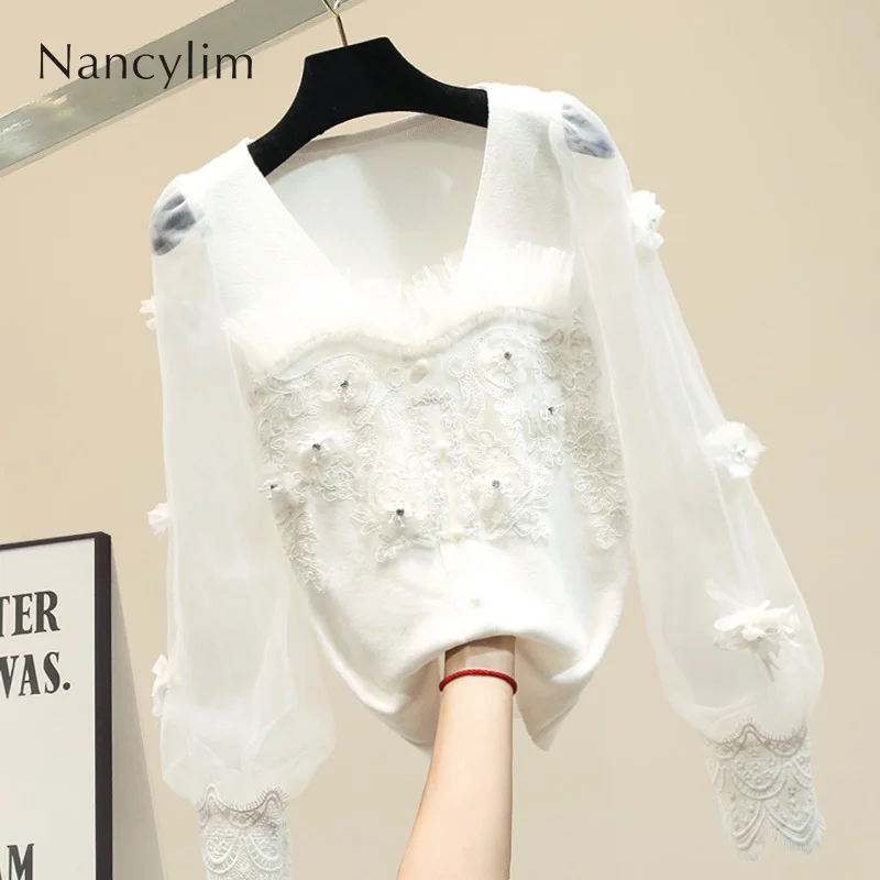 

Heavy Embroidery Flower V Neck Mesh Stitching Black Knitted Shirts Sweater Woman New Underwear White Pullovers Femme