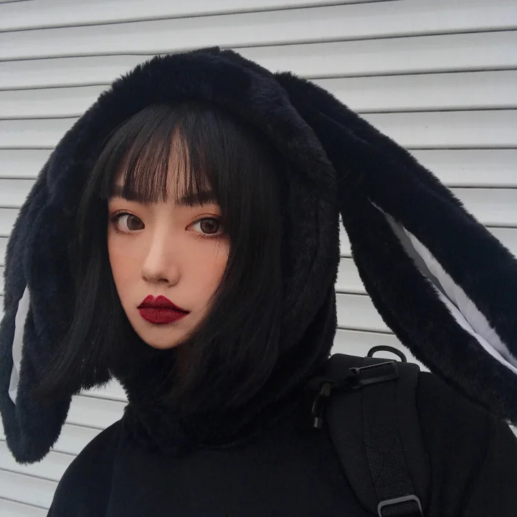 Harajuku, милые пушистые пуловеры с капюшоном и ушками кролика, женские, с длинным рукавом, флисовая внутренняя черная Повседневная Толстовка, зимние толстовки, топы