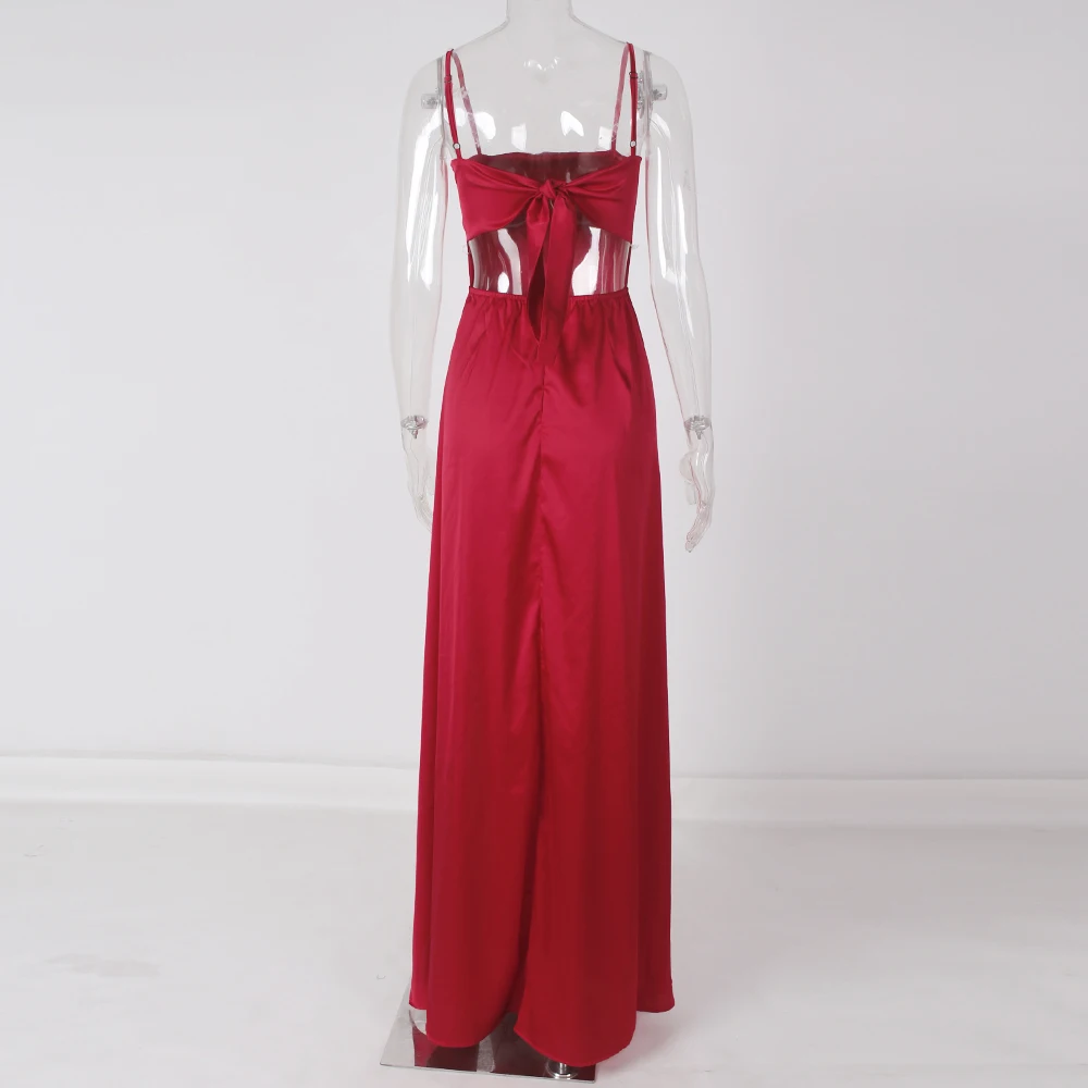 Backless Satin Lange Satin Kleid BOGEN straps Lace Up Sommer Sexy Kleid Doppel Schlitze Grün Rot Robe – Detail 15