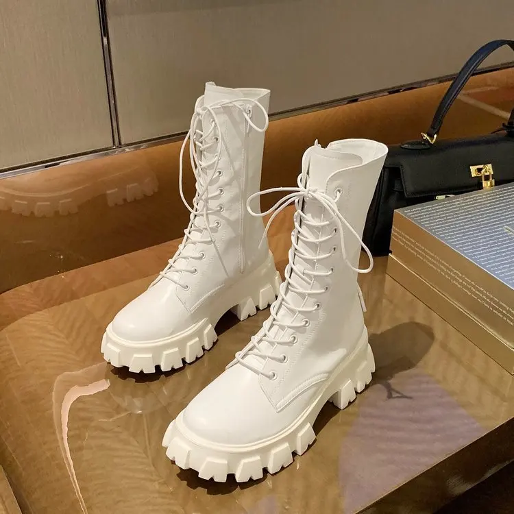 Zapatos de plataforma plana para Mujer, Botas de cuero PU con cordones,  botines militares blancos y negros, a la moda - AliExpress Calzado