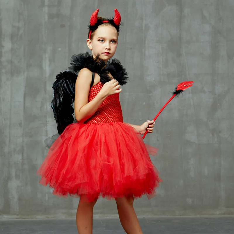 Girls Red Devil Halloween Tutu Dress with Horns Wings Pitchfork Crimson Demon Kids Fancy Dress Up Carnival Party Dress Costume