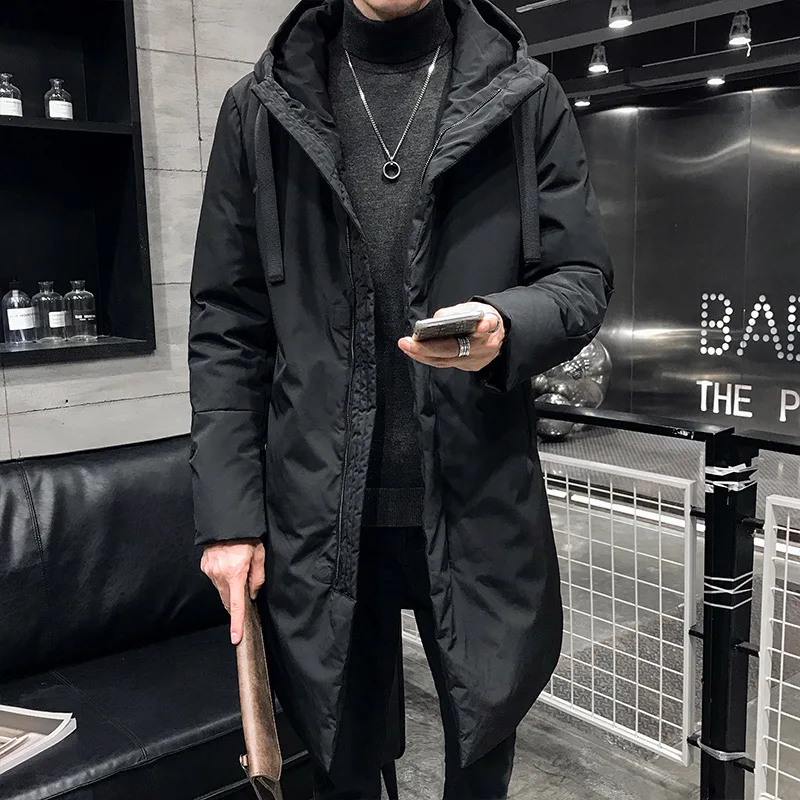 19 зимнее однотонное хлопковое пальто для подростков в Корейском стиле, мужская приталенная одежда средней длины с капюшоном на хлопковой подкладке