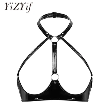 

Women Open Cups Bra Tops Sexy Wet Look Patent Leather Lingerie Halter Neck Backless Open Cups Wire-free Unlined Bra Top 2020