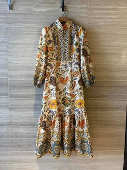 

2020 Early Spring New Model High-end Fashion Vintage Printed Cotton & Linen Fishtail Dress Size S M L Free Shipping Worldwide