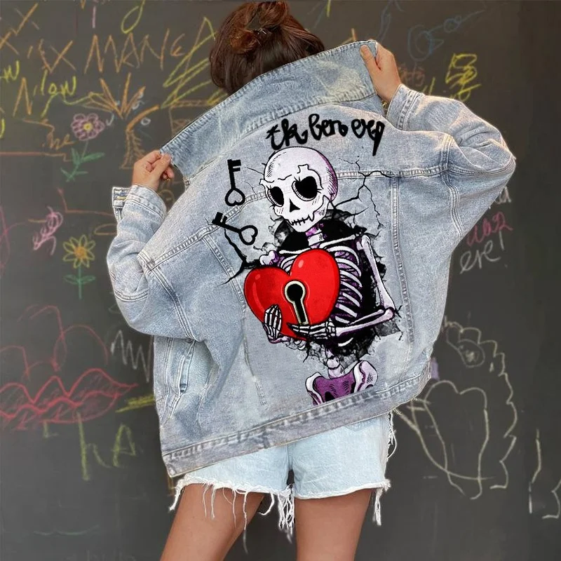 

Lugentolo Skull Jean Jacket Women Streetwear Fashion Long Sleeve Lapel Loose Printed Denim Jackets for Women