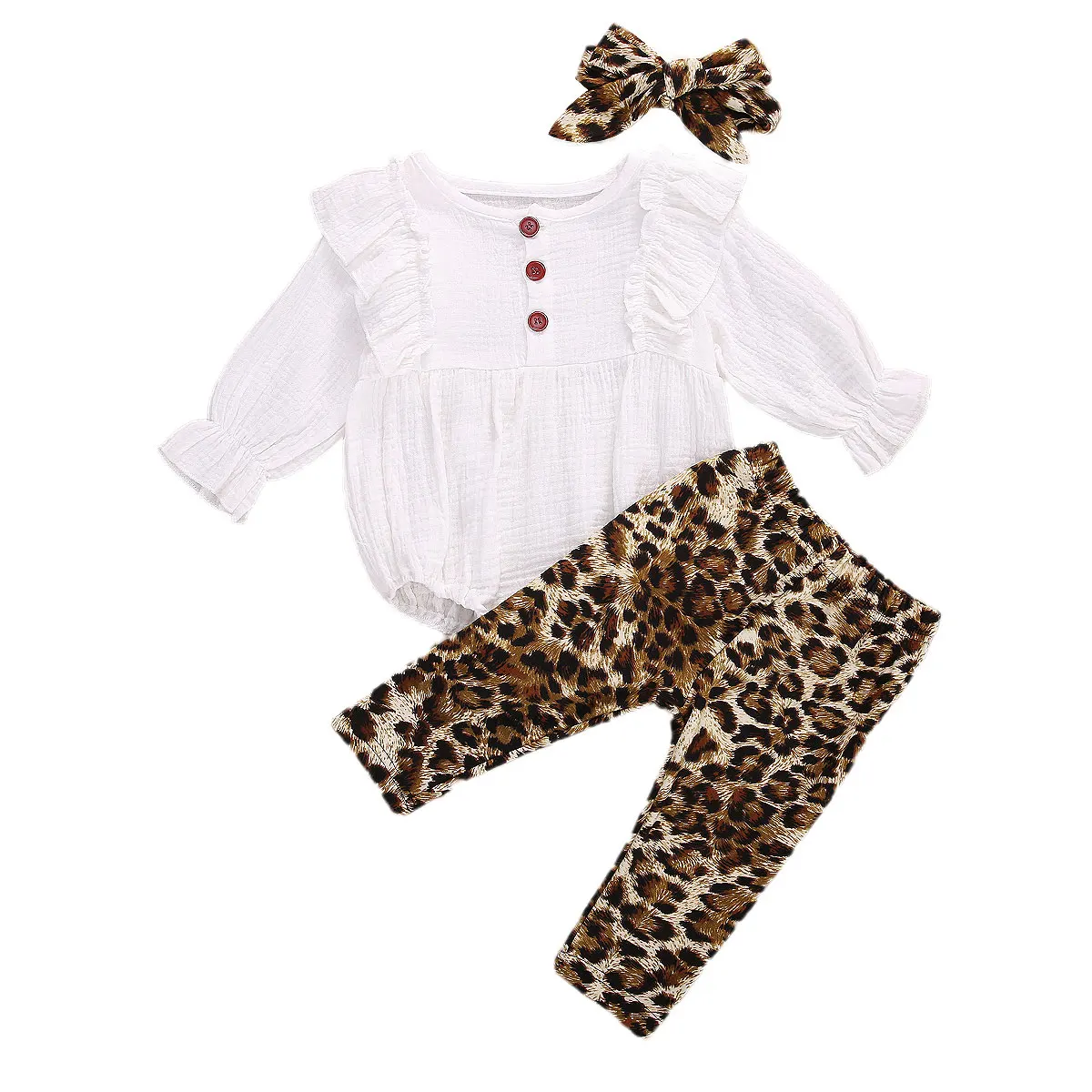 

2020 New Fall Autumn Infant Baby Girls Fashion 3Pcs Set Button Ruffled Long Sleeve Bodysuit+Leopard Print Long Pants+Headband