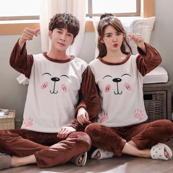 

Couples Casual Striped Thick Warm Flannel Long Sleeve Pajamas Sets Women Winter Cute Cartoon Coral Velvet Sleepwear Men Homewear