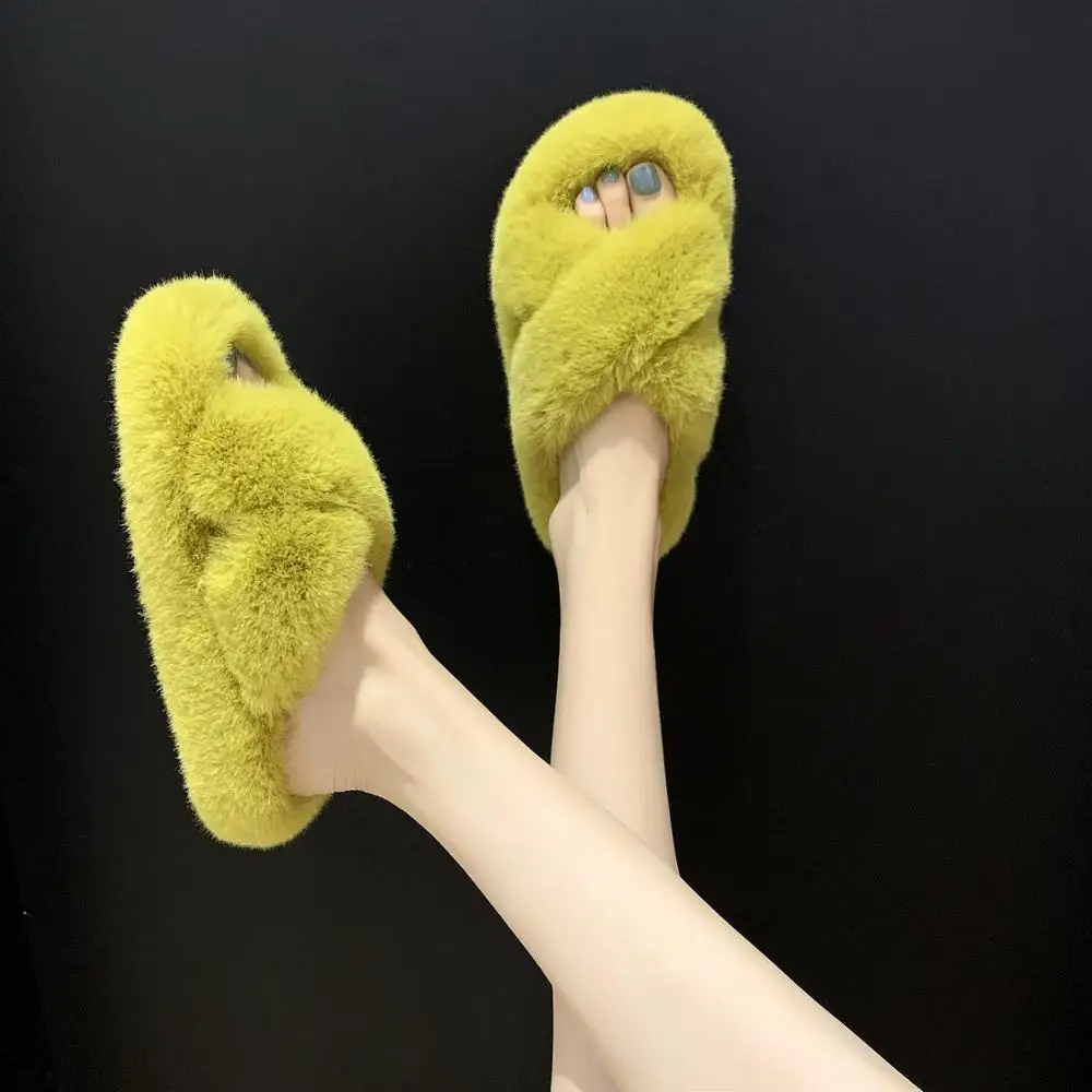 Зимние женские домашние меховые модные туфли на плоской подошве из