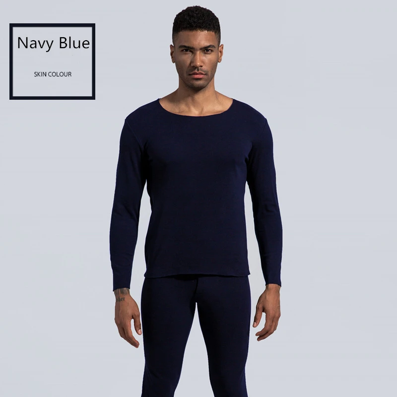 Navy Blue Термо нижнее белье для мужчин эластичные облегающие кальсоны тонкие однотонные базовые Фитнес Трусы и майки наборы размер - Цвет: Navy Blue