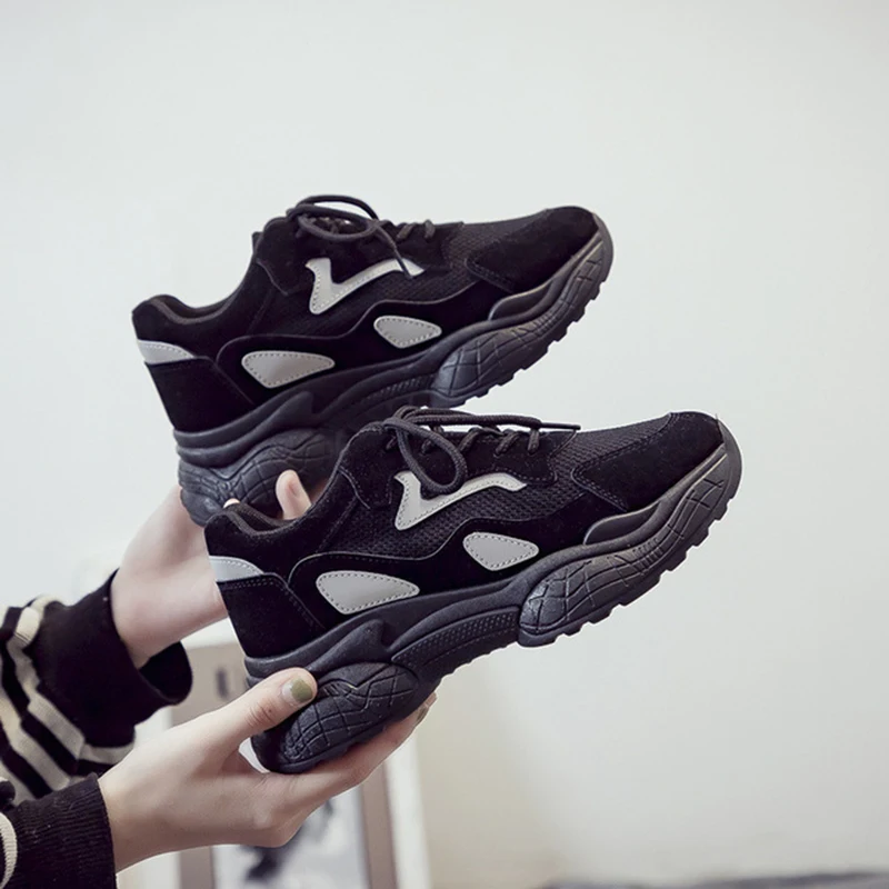 

2020 Spring New Fluorescence Leather Women's Platform Chunky Sneakers Fashion Women Flat Thick Sole Shoes Woman Dad Footwear