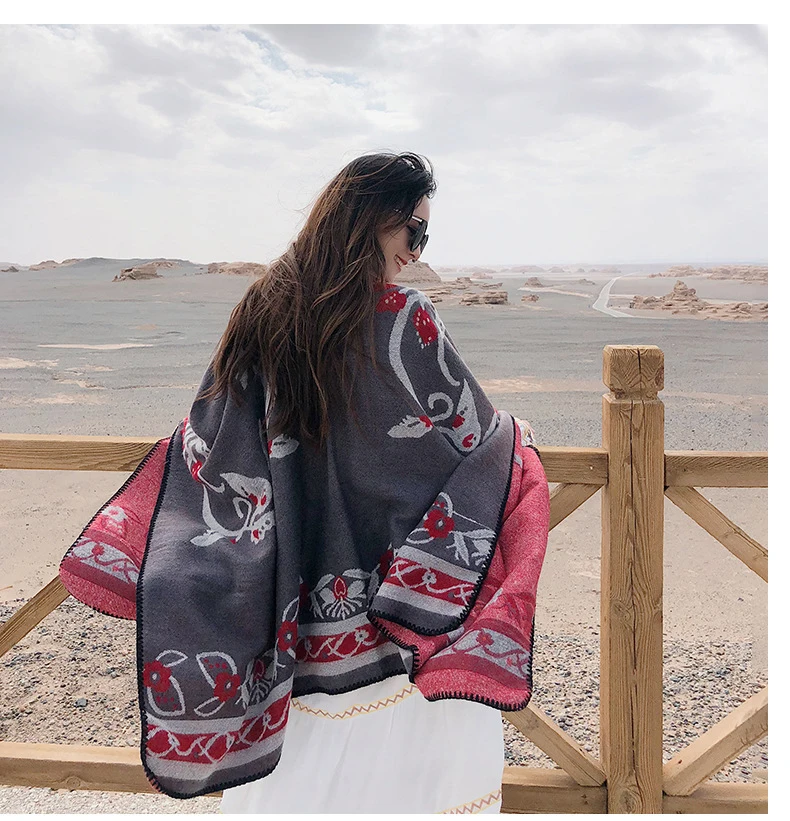 Imitation Cashmere Oversized Print Flower Poncho Scarf Women Scarves Mantle Autumn Winter Thick Warm Cloak Outdoor Cape Shawl