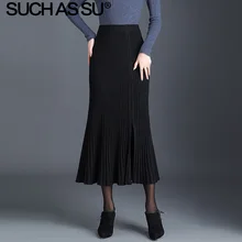 Новая модная трикотажная Женская юбка, Высококачественная Черная серая юбка-Русалка средней длины с высокой талией, плиссированная юбка-карандаш с разрезом спереди