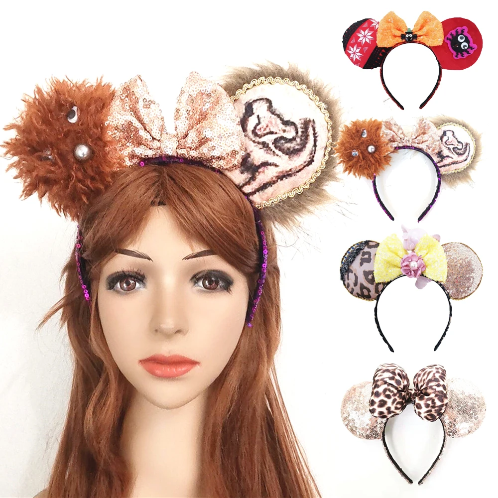 New Mickey Mouse Ears Headband New Popular Leopard Print Big Hair Bow Girl Adult Carnival Party Minnie Hairband Hair Accessories