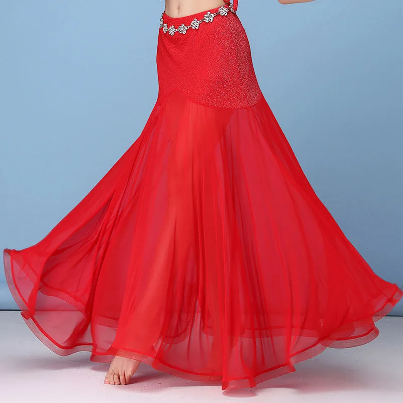 red skirt Серебряный сетчатый сексуальный прозрачный женский набор костюма для танца живота, тренировочная Одежда для танцев, одежда для восточных танцев, длинная юбка+ юбка - Цвет: red skirt