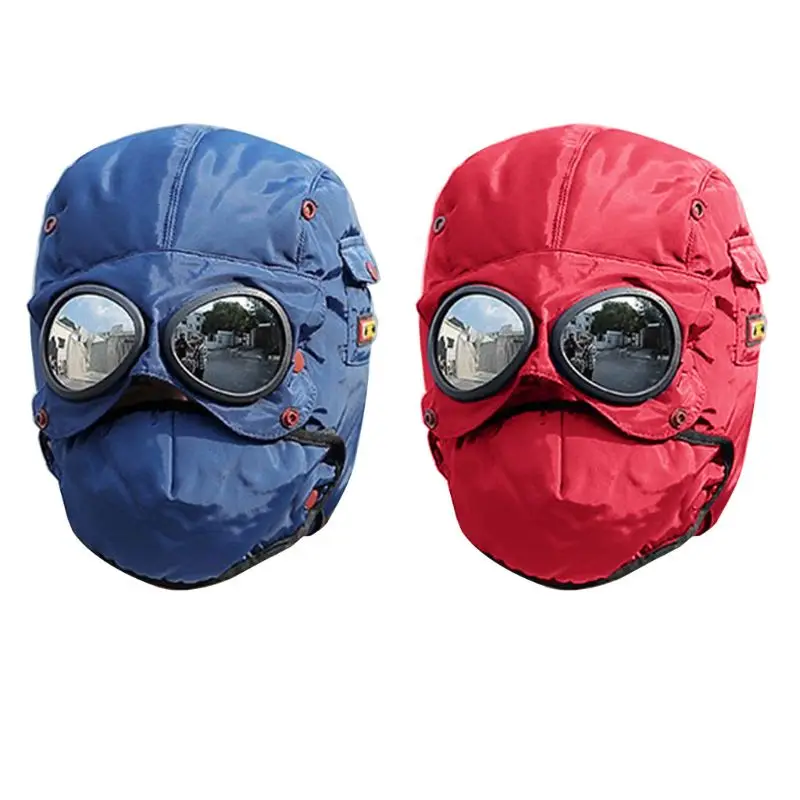 Female Thermal Winter Trapper Hat with Glasses Windproof Warm Face Mask Ski Cap