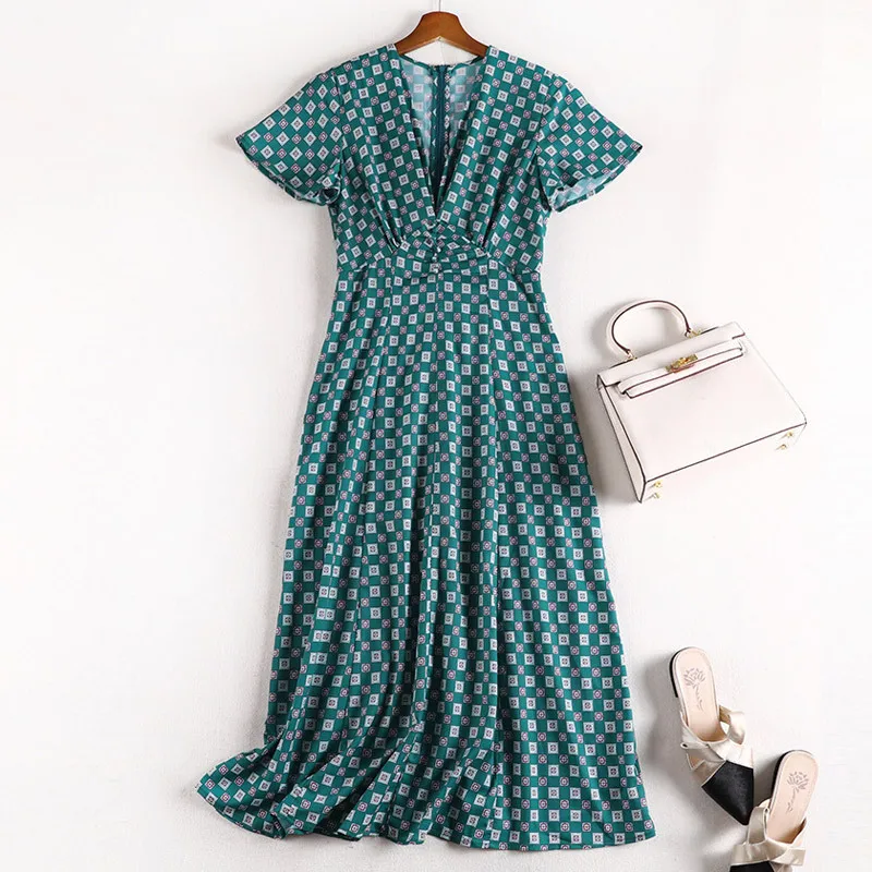 

Lan Mu Square 2019 Summer France Non-mainstream New Style Large Size Dress Loose-Fit Plaid Large GIRL'S Size Slimming X1033
