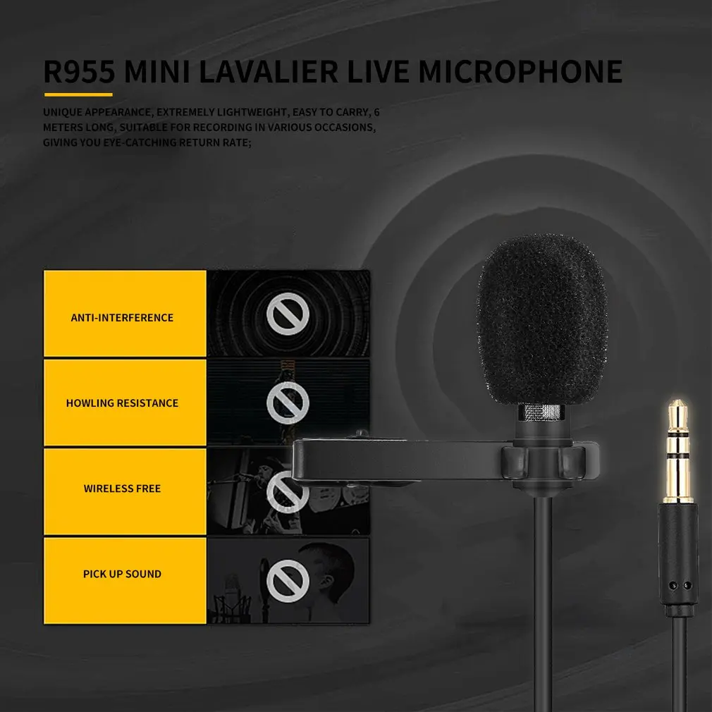 R955S/R955GoPro многофункциональный мини петличный микрофон с 1,8 м аудио кабель для обучения/деловых встреч