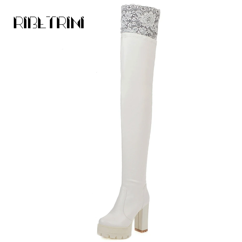 

RIBETRINI Over The Knee Thigh High Boots For Women 2019 New Square High Heel Platform Slim Shoes Autumn Knight Boots Big Size 48