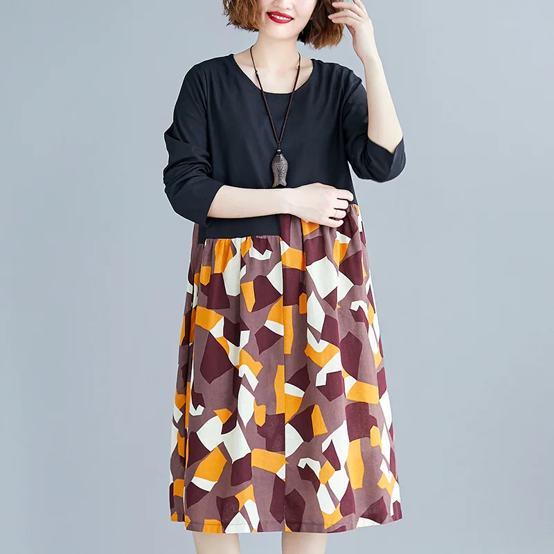 

2020 Spring New Style Literature And Art Retro Large Size Dress Joint Printed Cotton Linen Long Sleeve Mid-length A- line Dress