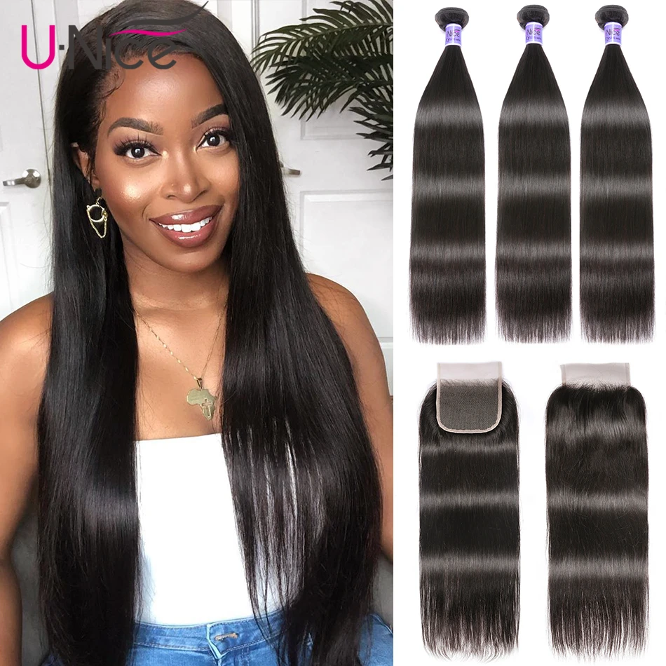 Unice hair Free Shipping Peruvian Virgin Hair With Closure 3 Bundles