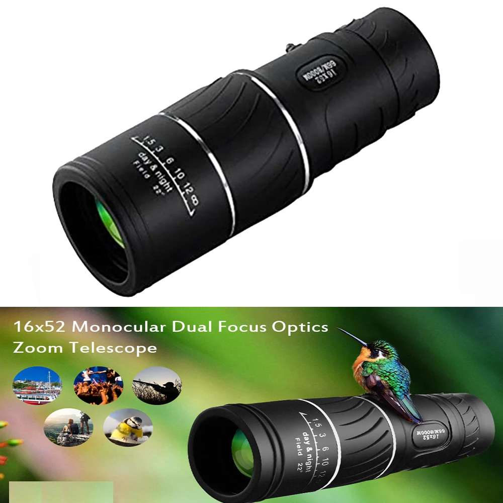 16x52 Monocular Dual Focus Optics Zoom Telescope for Birds Watching Wildlife Hunting Camping Hiking Low Light Night Vision 66m/8 |