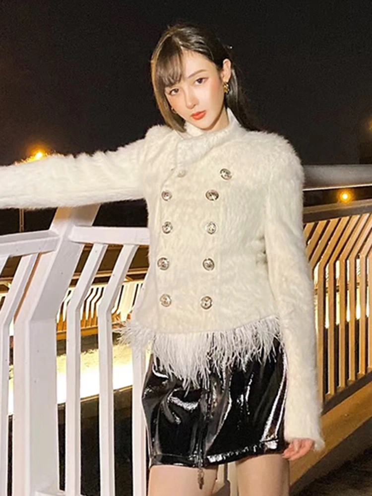 ECRURANI Black Elegant Patchwork Feather Coat For Women Stand Collar Long Sleeve Casual Solid Jacket Females 2021 Autumn Clothes
