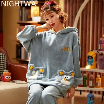 

NIGHTWA 2020 Flannel Pajamas Set Women Nightwear Cartoon Pattern Cute Hooded Pajamas Suit 2PCS Warm Winter Homewear Sleepwear