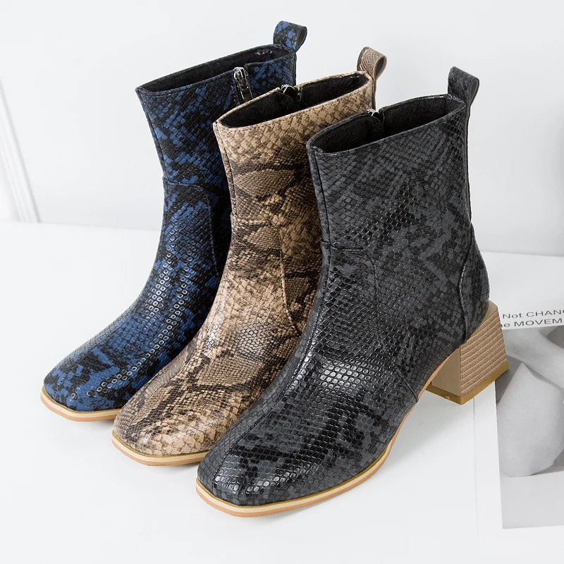 Outdoor Square Heels Martin Boots Women Round Toe Comfortable Ankle Boots for Women Boots Autumn Warm Female Boots Zipper PU NEW