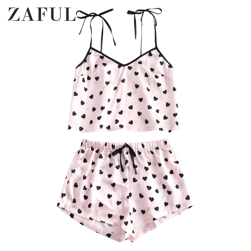 ZAFUL Heart Cami Bowknot пижамный комплект для женщин атласное шелковое ночное белье милый стиль новинка