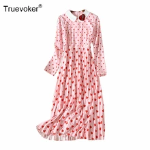 Truevoker дизайнерское платье для подиума, женские милые платья с длинными рукавами и воротником в стиле Питера Пэна, розовые драпированные платья средней длины с принтом сердца для девочек