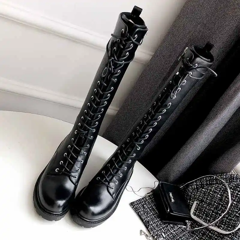 Vichelo/популярные классические рыцарские сапоги из натуральной кожи однотонные зимние женские теплые сапоги до бедра с круглым носком на среднем каблуке со шнуровкой L35 - Цвет: Черный