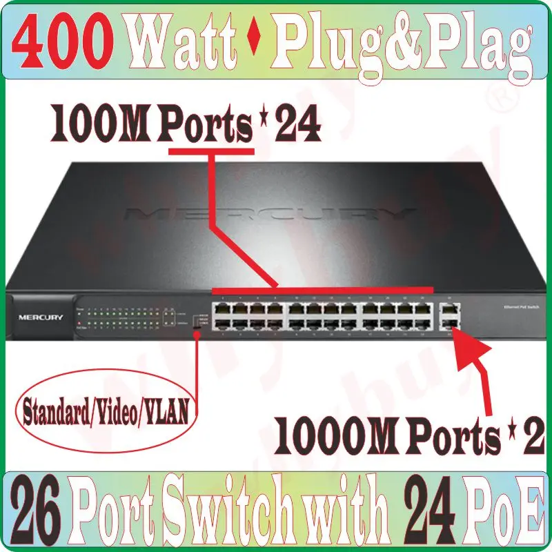 Макс. PoE 400 Ватт, 26 коммутатор PoE портов поддерживает питание ip-камеры/WiFi AP, с 24 портами PoE и 2 RJ45 гигабитный порт, Plug& Play