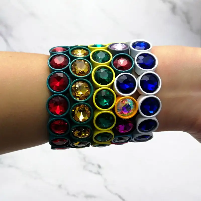 ZWPON Faceted Glass Crystal Square Tile Bead Bangles Bracelets for Women Fashion Multicolor Painted Elastic Bracelets Wholesale