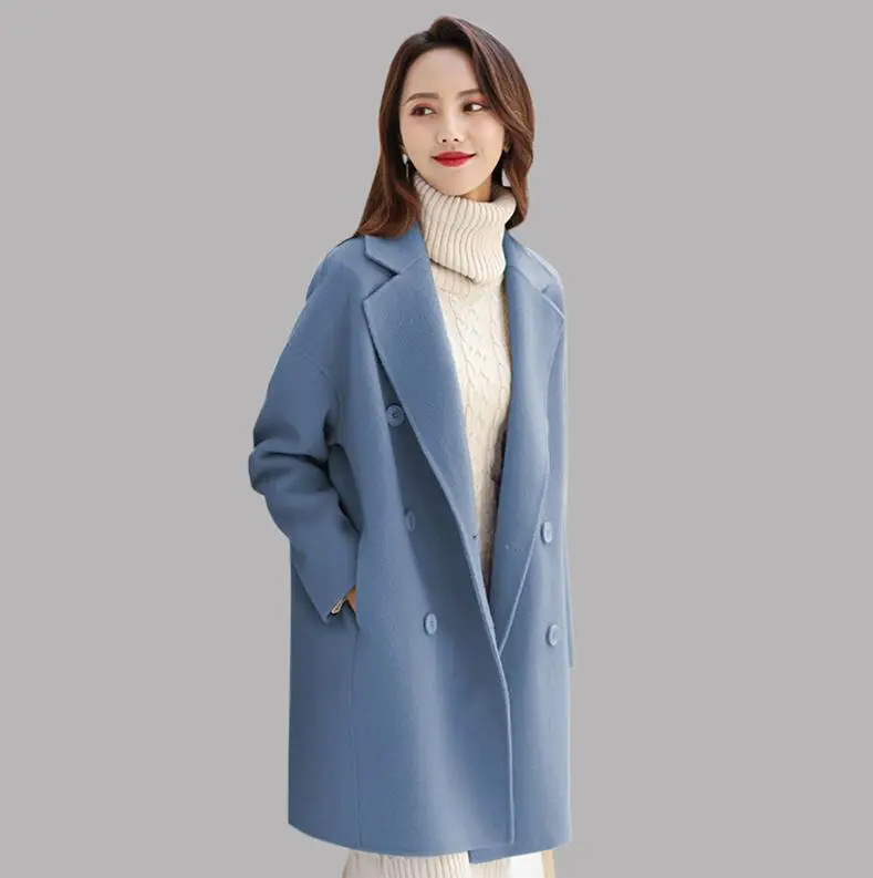 Осенние новые модные длинные кашемировые пальто женские повседневные двубортные пальто из альпаки одноцветные шерстяные женские куртки - Цвет: Синий