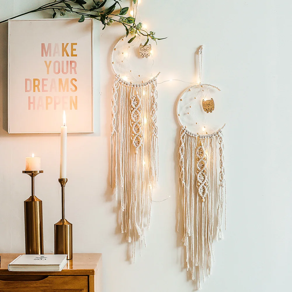 Star Moon Macrame Dream Catcher Boho Home Wall Decor Girls Kids Nursery Garden Decoration Outdoor Gifts With Light