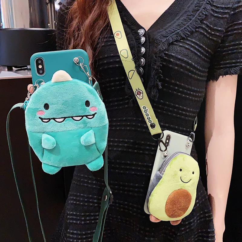 

For Huawei p30 Avocado Pouch Case Cute dinosaur wallet Shell kids gift for Huawei p20 lite mate20 pro nova5 bag +shoulder strap
