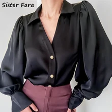 

Sister Fara Spring Elegant Satin Black Shirt Women's Single Breasted Lantern Sleeve Blouses Tops New Autumn Ladies Casual Blouse