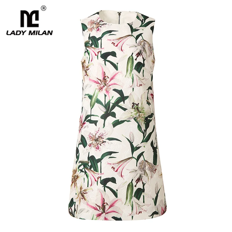 

Women's Runway Designer Dresses O Neck Sleeveless Floral Printed Beaded Zipper Back Fashion Short Dresses