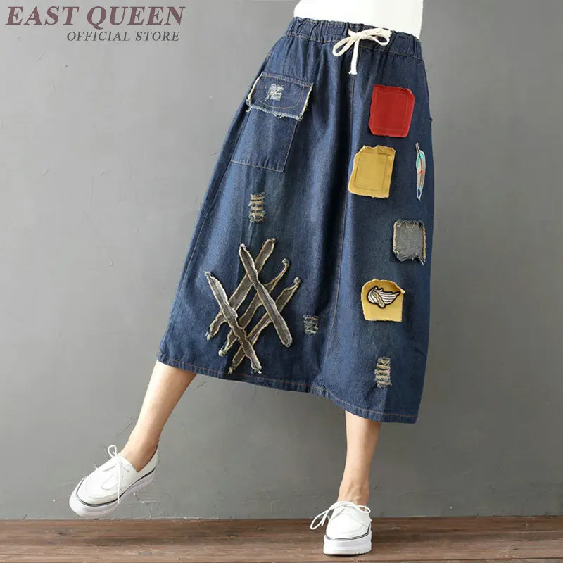 Chinese Style Denim Skirt Appliques Retro Women Skirts Autumn Elastic Waist A Line Vintage Jeans Skirt Woman TA1759