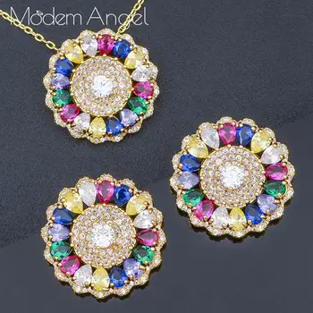 

ModemAngel luxury Round Delicate Flower Multicolour Shiny AAA Cubic Zirconia Wedding Women Necklace Earring Fashion Jewelry
