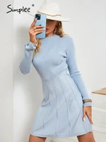 o-neck long sleeves slim knitted winter women dresses Elegant blue midi dress Sheath autumn