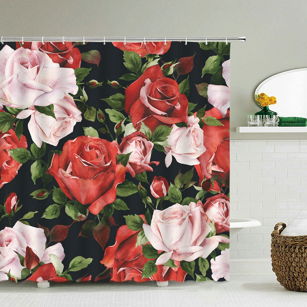 

Waterproof Fabric Shower Curtains 3D Printed Blooming Flowers Bathroom Curtain Rose Plant leaves Decor With Hooks Bath Curtains