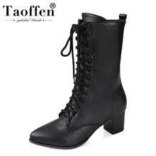 TAOFFEN/женские сапоги на высоком каблуке зимние сапоги до середины икры на меху со шнуровкой сапоги для верховой езды на высоком каблуке модная женская обувь размеры 32-42