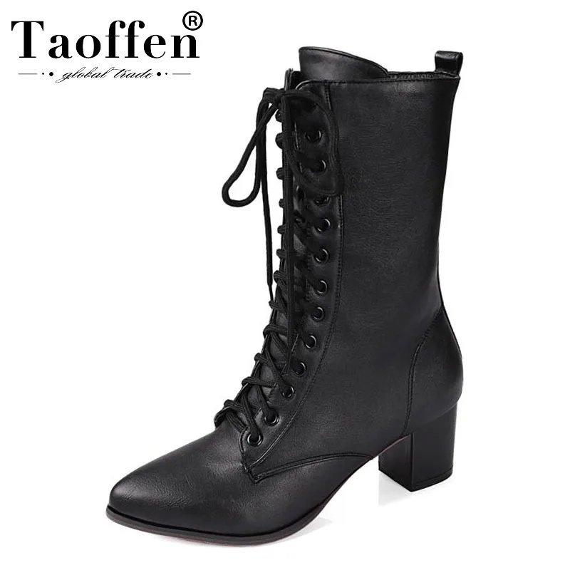 

TAOFFEN Women High Heels Boots Shoes Lace Up Fur Winter Mid Calf Boots High Heels Riding Boots Women Fashion Shoes Size 32-42