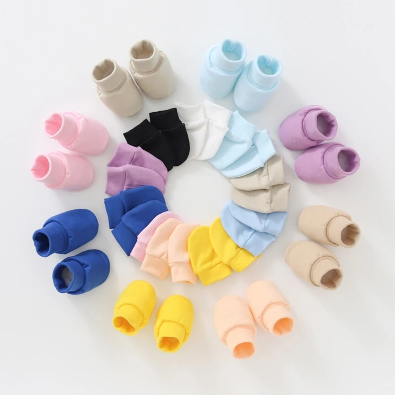 Baby Mittens Anti Scratch 4 Pairs Soft Cotton Face Protection Gloves Foot Cover Set for Baby Boys Girls