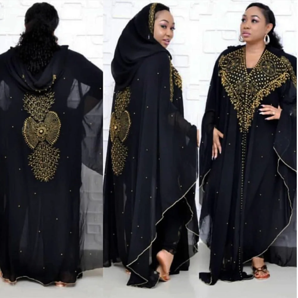 Plus Size Elegant Muslim Designer Chiffon Dresses Runway High Quality Black African Clothing Fashion Beading Cardigan Cloak - Цвет: black