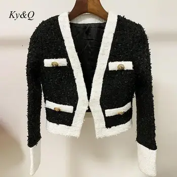

Runway Brand Design 2020 Women Luxury Short Jacket Black And White Long Sleeve Short V-neck Cardigan Jacket Knit Sweater Clothes